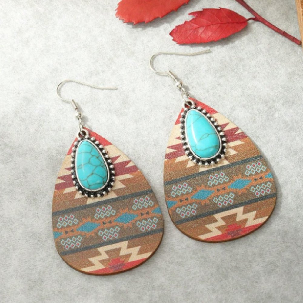 Boho Southwestern Turquoise & Tribal Aztec Wood Teardrop Dangle Earrings NEW - Picture 4 of 9